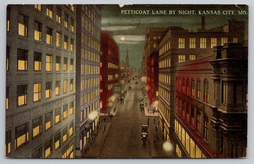 1913 Kansas City, MO 11th Street - Petticoat Lane - At Night, Full Moon Postcard