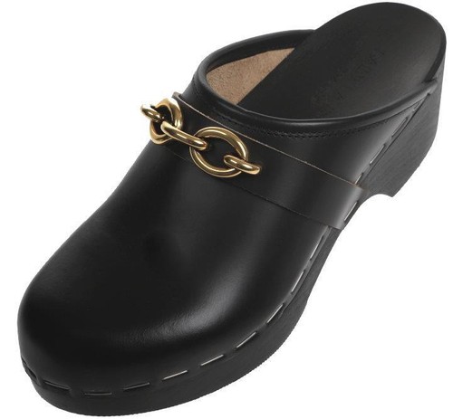 NUOVE SCARPE ZOCCOLI YSL SAINT LAURENT IN PELLE NERA DETTAGLIO CATENA 38 - Foto 4 di 9