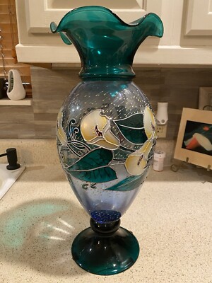 Art Glass Blue Hand Made Floral Vase Signed R&D Made in Thailand Vintage