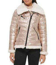 NEW GUESS Faux Fur Trim Puffer Jacket In Champagne Size XL