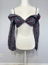 Lovers + Friends Pearl Puff Sleeve Crop Top Off Shoulder Blue Multi Floral Small