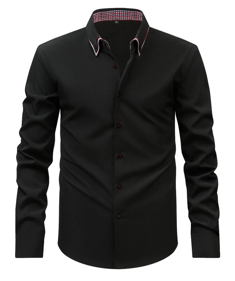 Mens Double Collar Dress Shirts Formal Long Sleeves Casual None Iron Shirts Tops - Image 2 of 4