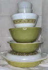 Vintage Pyrex Verde Avocado Green Yellow Olive Square Flower Bowl Dish Set