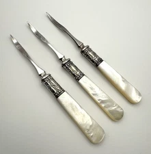 Pearl Handled Nut Picks x 3 (Sterling Silver) by MERIDEN CUTLERY CO