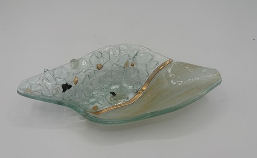 Eleni's Creations Tan Gold Clear Textured Fused Glass Oblong Art Glass Dish 8.5"
