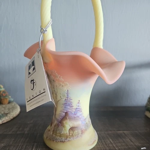 Fenton Burmese Glass Hand Painted Cabin In The Woods Basket Signed By Frank...