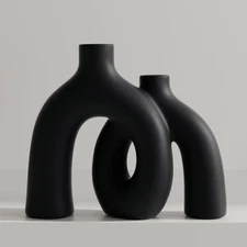Matte Black Vase Set - Hug Hollow Donut Aesthetic Ceramic Vases Home Decor, M...