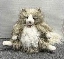 Folkmanis Fluffy Cat Plush Hand Puppet Gray Long Hair Full Body Moveable Mouth