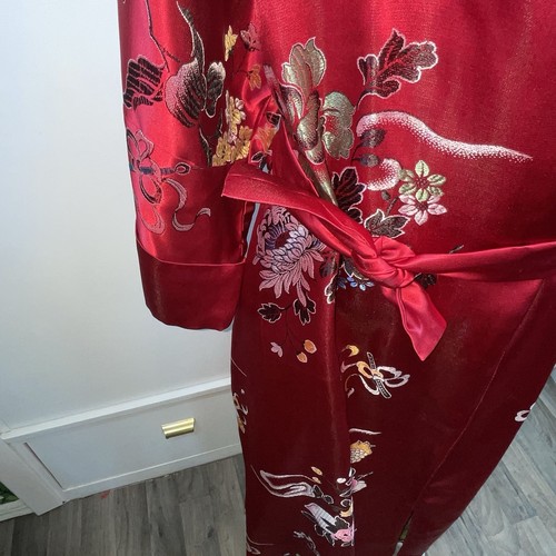 Vintage mongolischer Seidenmantel rot bestickt Blumen Drache asiatisch elegant - Bild 5 von 23
