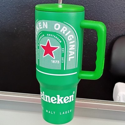 Heineken Original 40 oz Green Plastic Tumbler w/ Handle Straw & Lid Logo