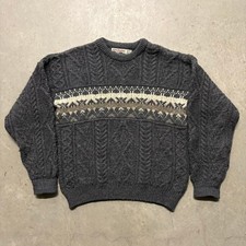 Vintage Celtic Country Irish Fisherman Fair Isle Cable Knit Wool Sweater M Grey
