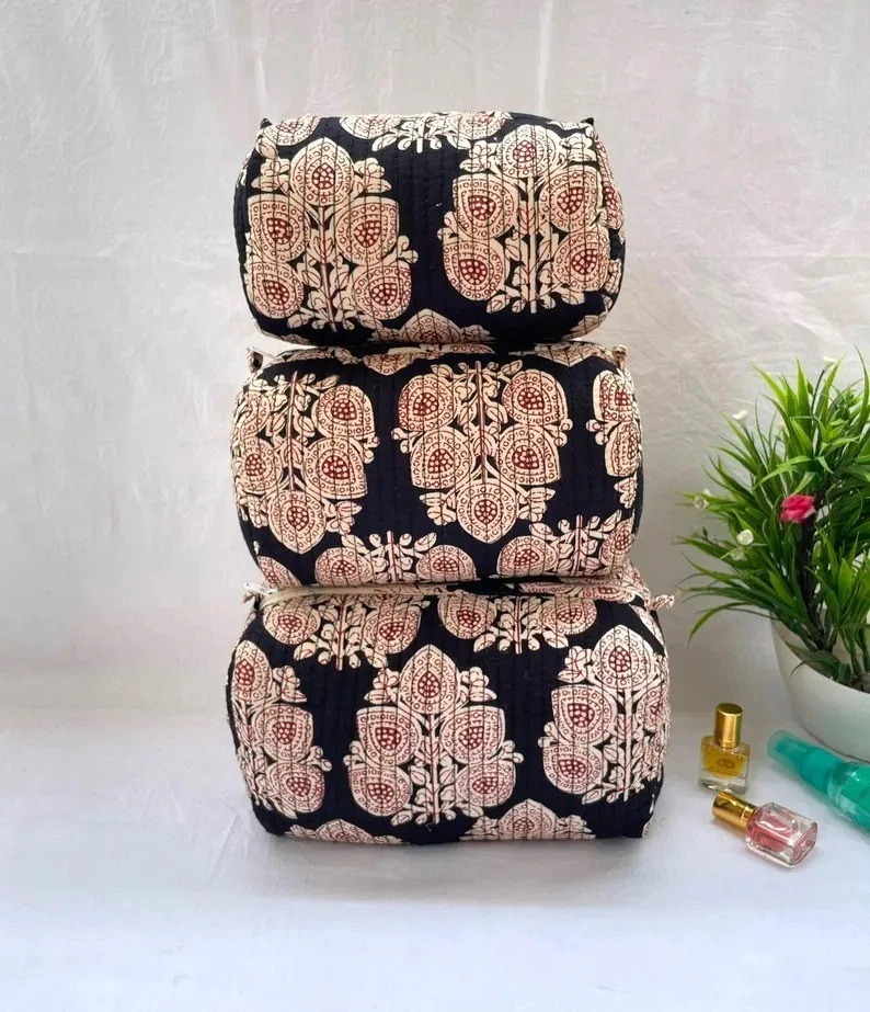 New Indian Black Floral Toiletry Bags Unisex Makeup Bags Waterproof 3 Pcs. Set