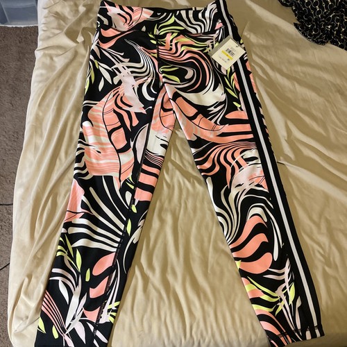 DKNY Sport Leggings Athletic Pants Women's Medium Black Pink Leaf Groovy Workout