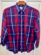 Faconnable Męska Bawełniana LS Button Up Bordowa Granatowa Krata Sukienka Koszula Medium