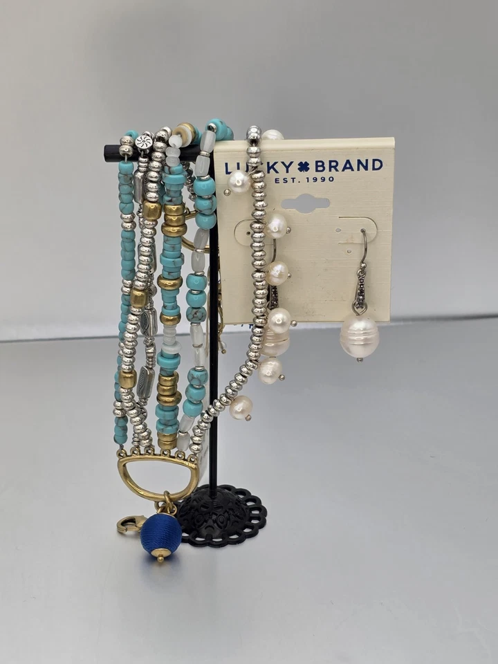 Nuevo LUCKY BRAND GENUINO Perlas Aqua Multi-Hebra Pulsera y Pendiente Conjunto Precio de venta sugerido por el fabricante $88 Foto 4 de 4