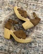 Dr. Scholl's First of All Faux Wood Bottom Heeled Sandal Brown Size 7 Read