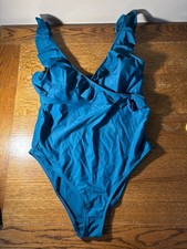 Quince Teal Ruffle Side Tie adjustable straps Bathing Suit One Piece, L