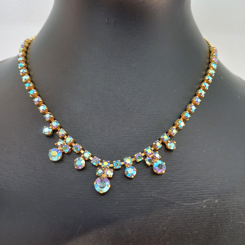 Vintage Signed KAHL Iridescent AB Rhinestone Bib Choker Necklace Gold Tone