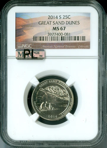 2014 S GREAT SAND DUNES QUARTER NGC  MS67 MAC PL 2ND FINEST GRADE  . 