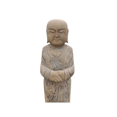 Pair Chinese Stone Carved Standing Zen Garden Monk Lohon Statues cs7645 Pair Chinese Stone Carved Standing Zen Garden Monk Lohon Statues cs7645