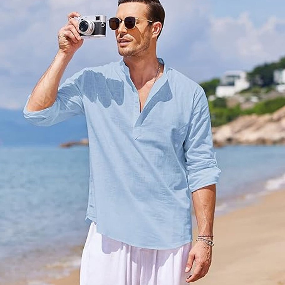 Mens Solid Linen Beach Shirts Cotton Casual Loose Long Sleeve Shirt ...