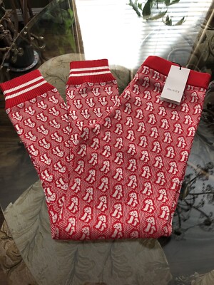 100% Authentic GUCCI Mushrooms jacquard knitted leggings In Red
