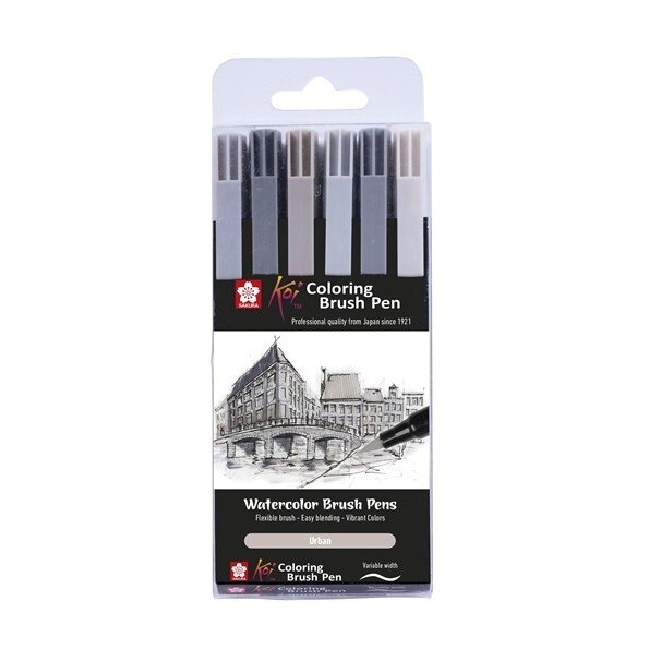 SAKURA© KOI COLOURING BRUSH PEN SET, 6PCS - URBAN (GREYS) FREE UK P&P