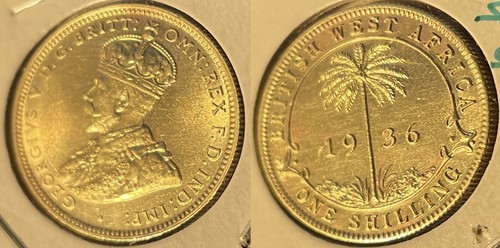 British West Africa 1936 1 Shilling George V KM-12A Tin brass BUNC #99 US Seller - Picture 2 of 2