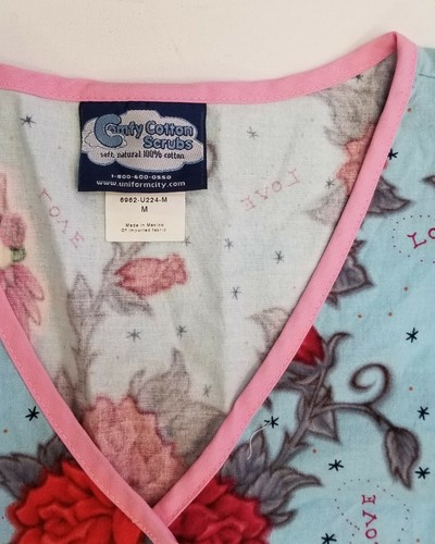 Light Blue Tattoo Roses Vines Hearts Love A Nurse Comfy Cotton Scrubs Womans M - Picture 3 of 12