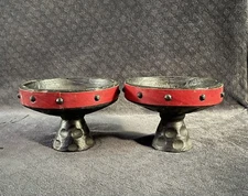 Mid Century Spanish Rustic Turned Wood Leather Lined Compote Bowls Set