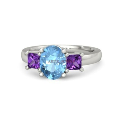 Natural Blue Topaz & Amethyst Edelstein 925 Sterling Silber Damenring #3967