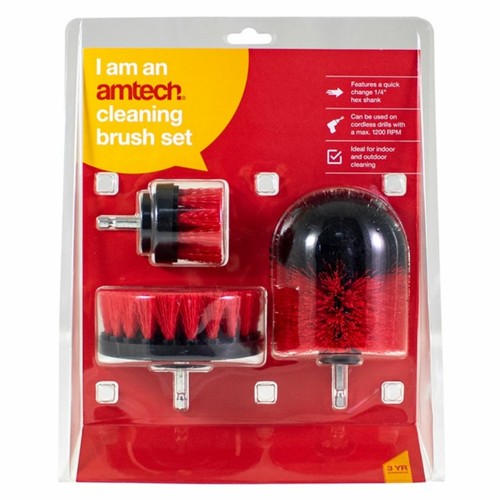 Amtech 3pc Scrubbing Brush Set Electric Power Drill Cleaning Attachment