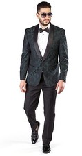 Slim Fit 1 Button Tuxedo Green Shawl Collar Floral Jacket Black Pants 1714 AZAR