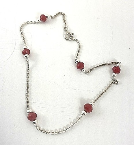 Handmade ~ Sterling Silver .925 Ruby Red Glass 9 1/4" Anklet Ankle Bracelet - Picture 2 of 7
