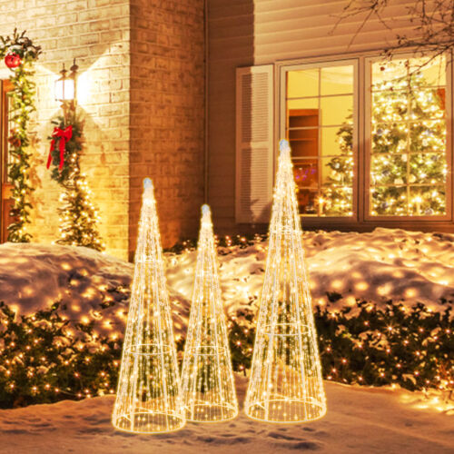Set of 3 Pre-lit Christmas Cone Trees Xmas Decoration w/ Star String & 90 Lights