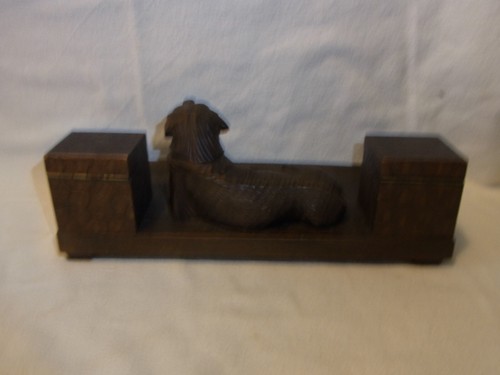 Inkwell Hounding Dog Thuringia Hand Carved Wood Antique German #QA - Picture 8 of 12