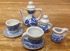 Vintage Doll House Dollhouse Mini Porcelain China Blue White Tea Set 9 Piece 28