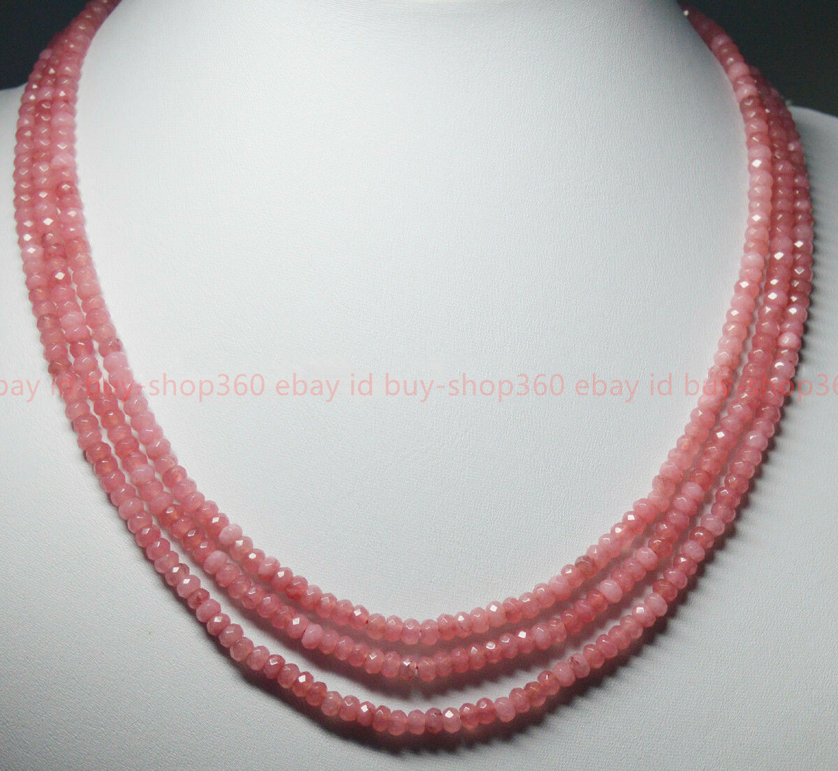 3-Row Pink Rhodochrosite Beaded Necklace – 2x4mm Faceted Rondelle Gems, Silver Plated, 17-19 Inches