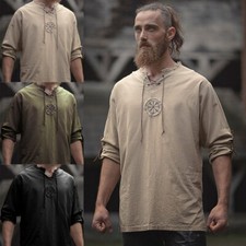 Para Hombres Medieval Vikingo Piratería Túnica Con Cordones Prendas para el torso Camisa Retro Jersey Disfraz Blusa