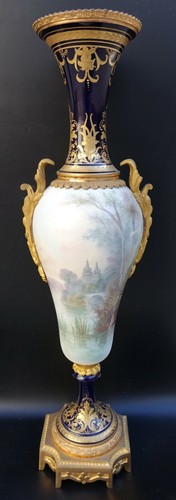 PAIR French 19th Century Sevres Porcelain & Bronze Trumpet Vase by E. GRISARD - Picture 3 of 12