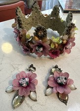 New Vintage Girls Pink Princess Flower Crown Clip On Earrings Tiara Birthday