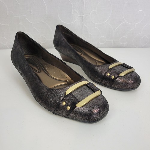 Trotters Sizzle Womens Shoes Size 7W Copper Signature Wedge Heel Gold Buckle - Picture 8 of 12