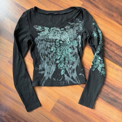 Black Ribbed Rhinestone Fairycore Gothic Graphic V Neck Long Sleeve Top XS