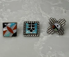 3 Native American Sterling Silver Zuni Sun Face Inlay Mosaic Lapel Pin Lot