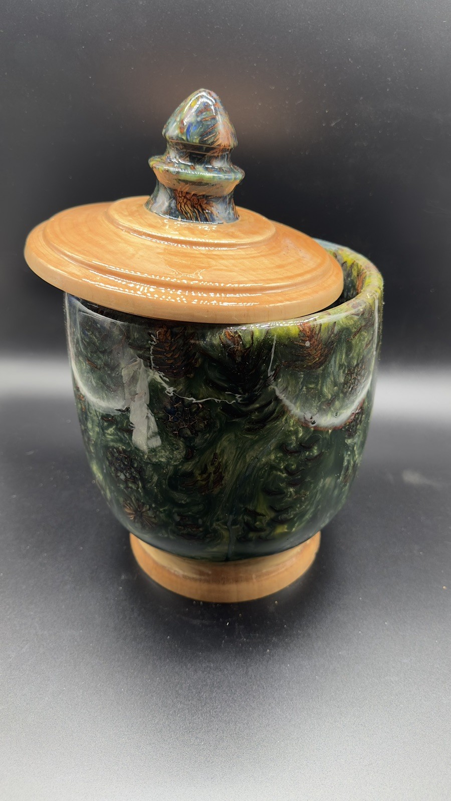 Handcrafted Green Wood & Resin Lidded Art Vessel Jar Pedestal One of a Kind