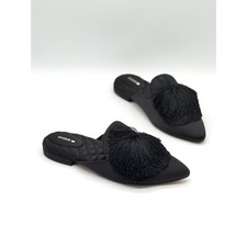 BIRDIES Dove Satin Mules Women 9 Black Pom Pom Pointed Toe Fringe Tassel Slip On