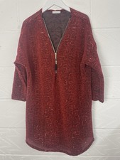 Made in Italy O/S Red Sequinned Sparkly Dress /Long Tunic Zip Neck 3/4 Sleeves