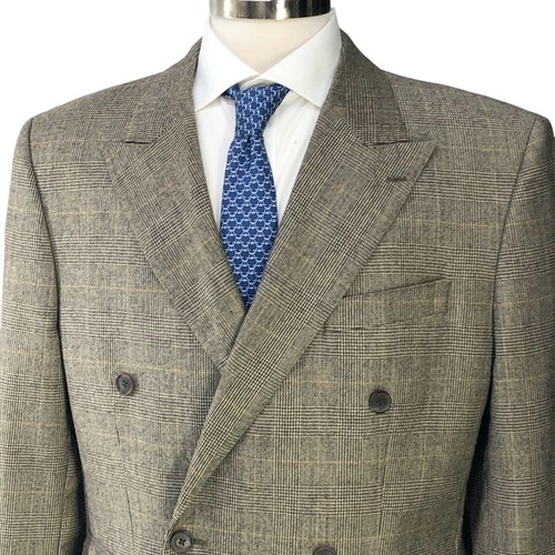 Traje Carolina Herrera Para Hombres 44 Doble Pecho Pico Solapa Glen Cuadros Lana Marrón - Imagen 3 de 24
