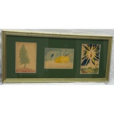 Conjunto enmarcado firmado tríptico pintura acuarela arte popular años 30 Emmett Leverett