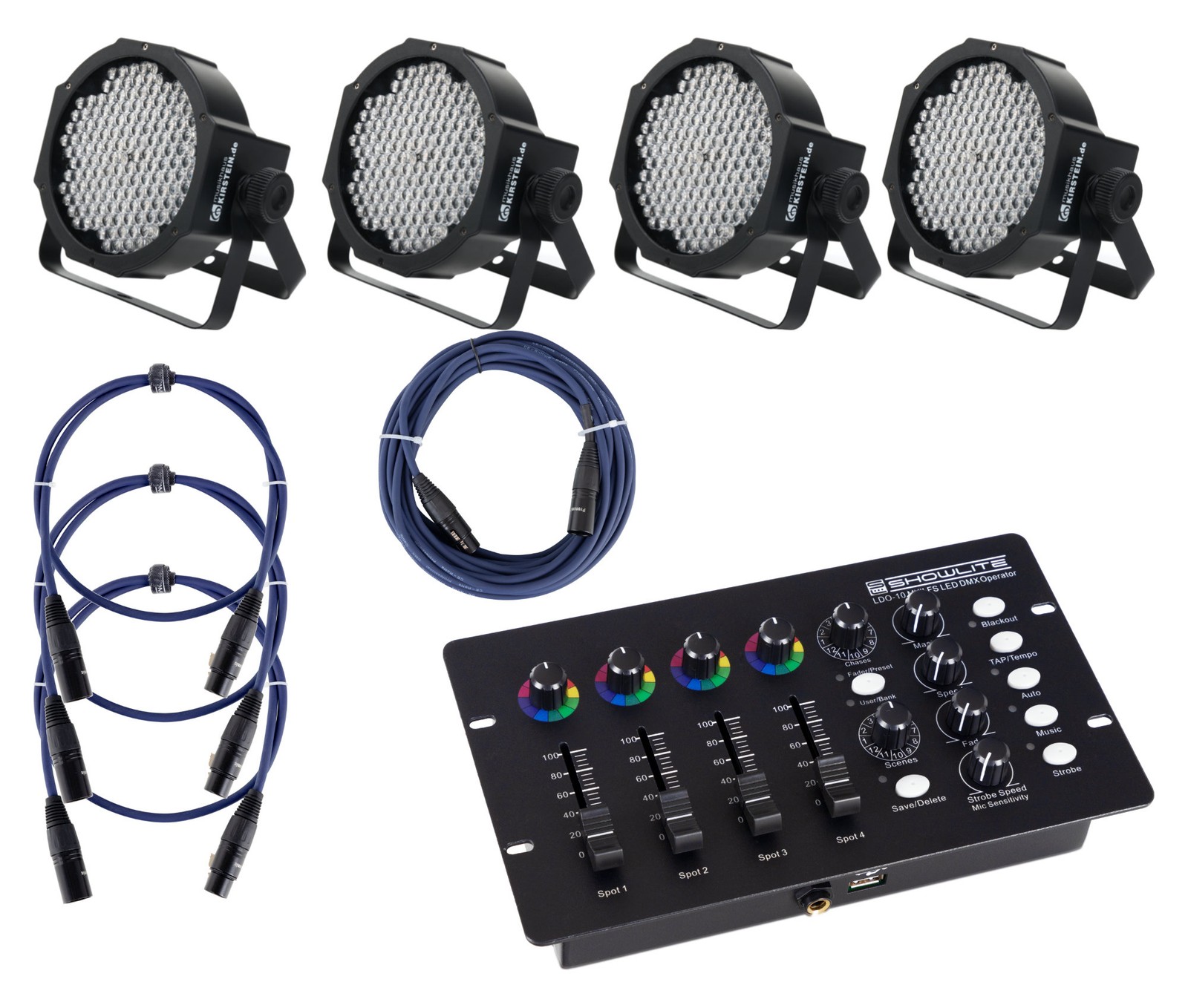 4 PAR LED Faro Faretti RGB 144 LED Strobo Wash Programmabile DMX Set Mixer Cavi